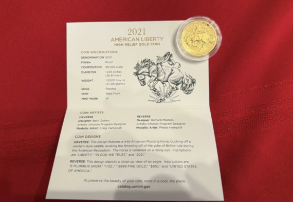 2021-W $100 1oz 9999 Fine Gold ~ High Relief American Liberty w/Box & COA (OGP)