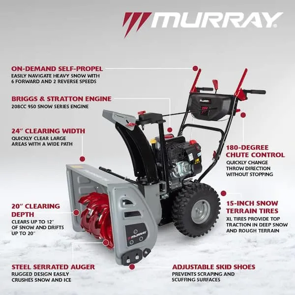 Murray 24" Two-Stage Gas Snow Blower, 208cc Electric Start, Self-Propelled (MYS2420801)